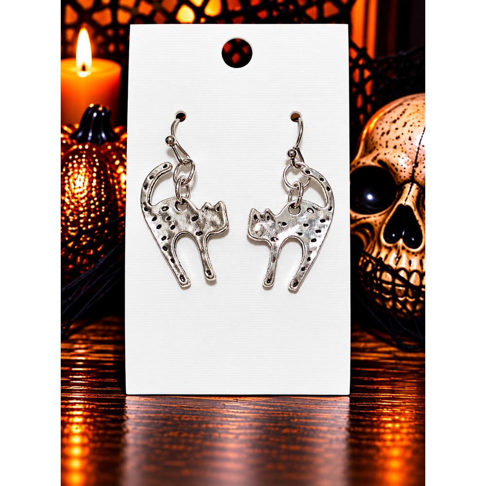 Handmade Scaredy Cat Earrings Silver Halloween Cat Spooky Dangle Earrings